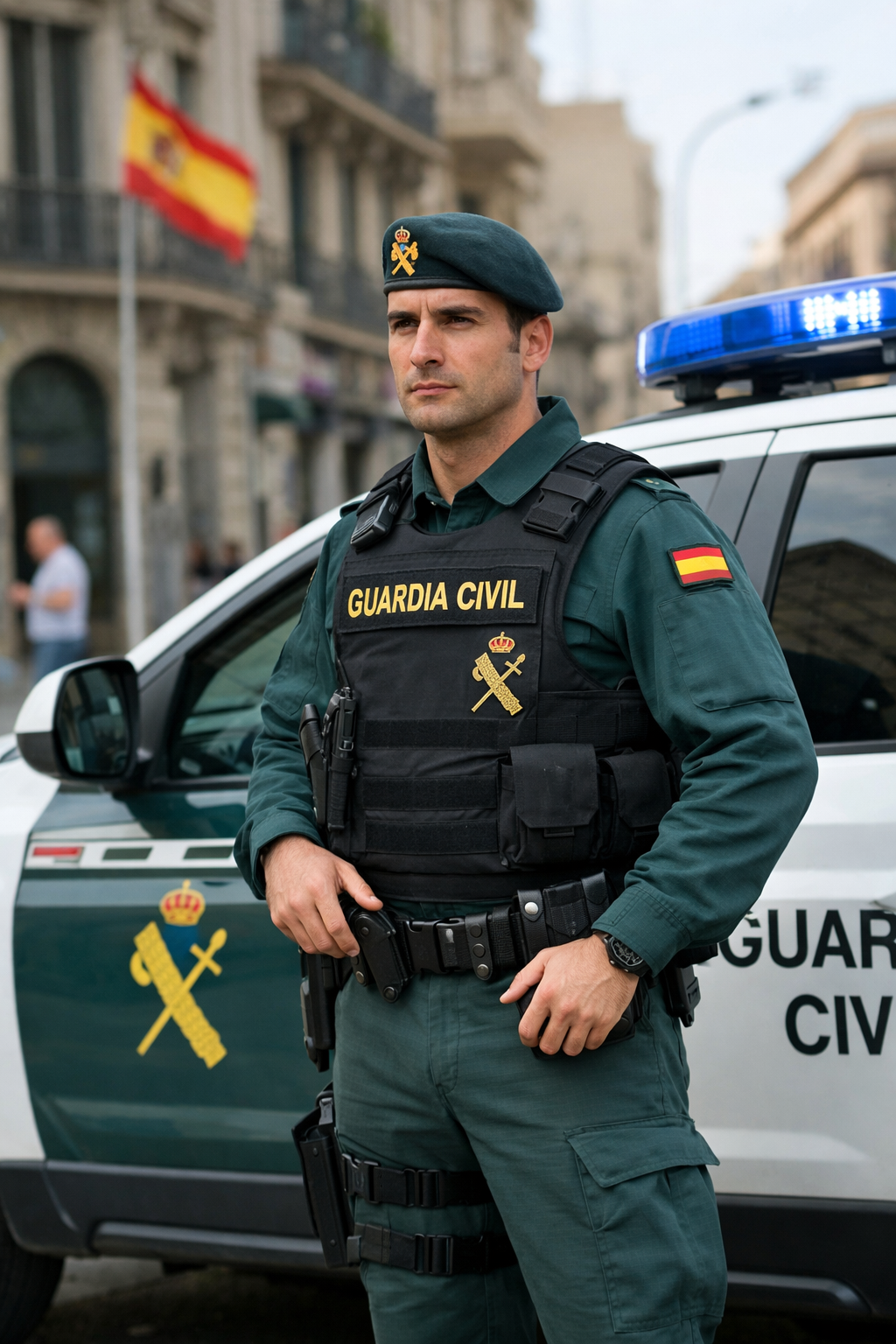 Hiszpański policjant (Policía Local lub Guardia Civil) patrolujący ulicę lub stojący przy radiowozie, symbolizujący bezpieczeństwo i egzekwowanie prawa.