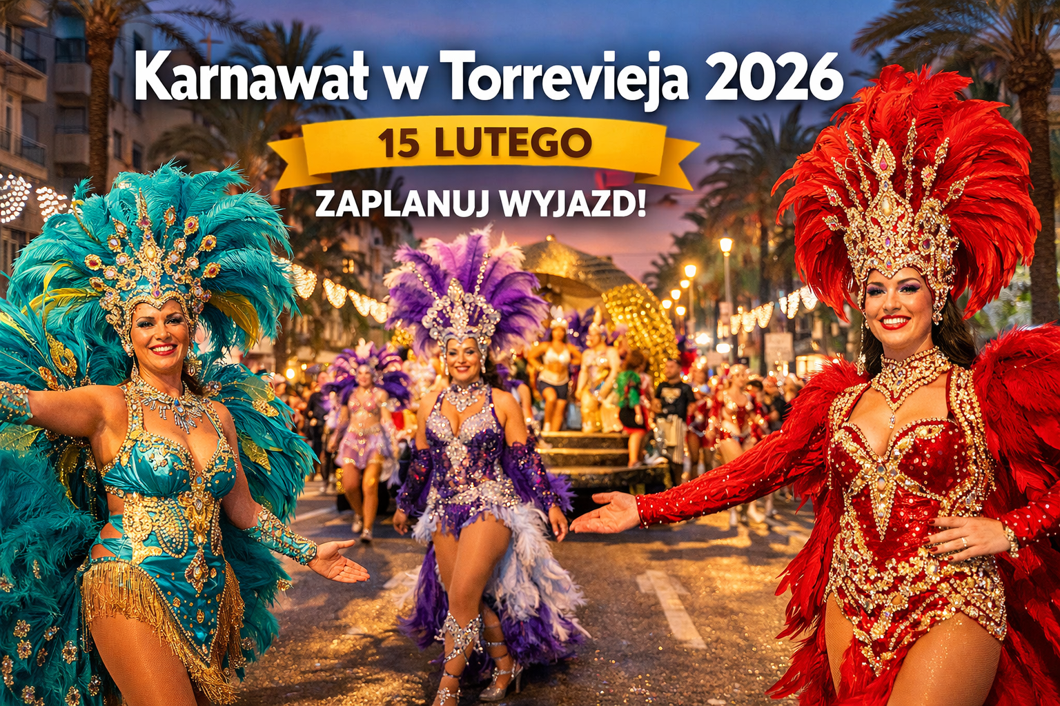 Karnawał w Torrevieja 2026 – barwna parada z tancerkami w pióropuszach na palmowej ulicy o zachodzie słońca