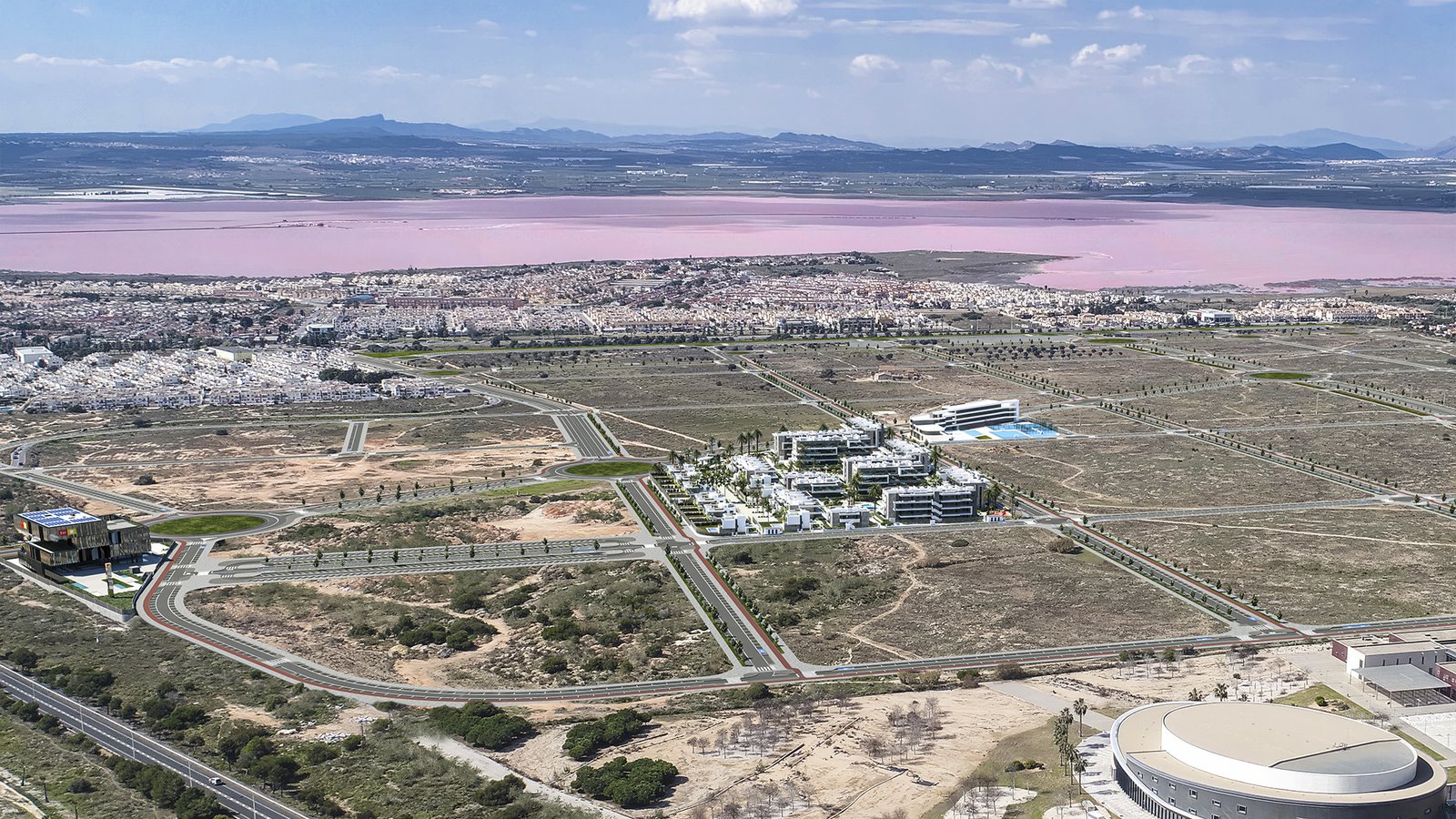 Osiedle Lagoons Village Laguna Rosa by TM w Torrevieja z lotu ptaka, przy Laguna Rosa i Parku Naturalnym Lagunas de La Mata